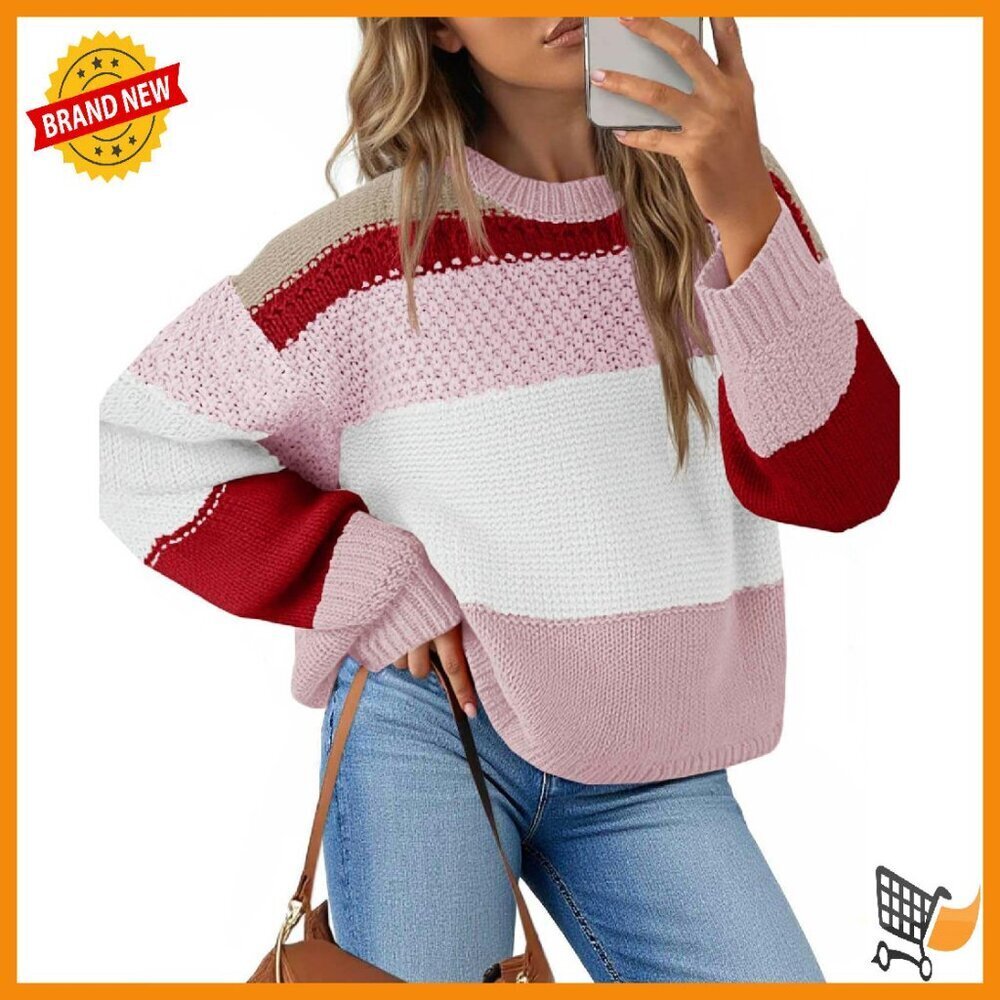 Oversized Cropped Pullover Sweater, Striped Color Block, Soft Knit, Y2K Trend
